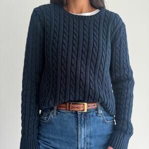 LL Bean Sweater Womens XL Navy Cable Knit 100% Cotton Quiet Luxury Academia